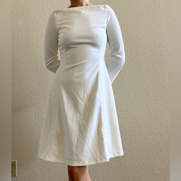 Lark & Ro Classic White Long Sleeve A line boatneck off the shoulder midi Dress - Picture 1 of 6